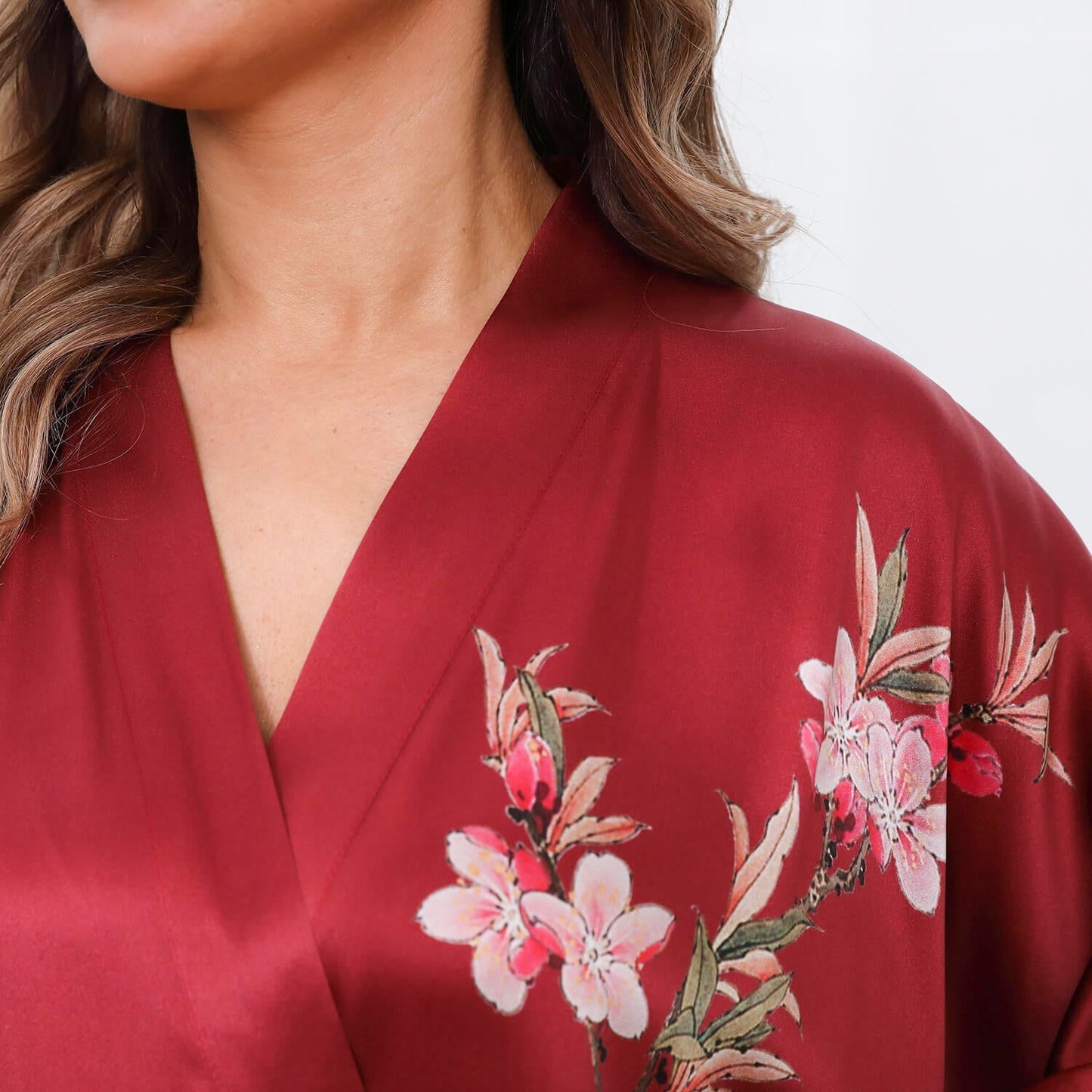 Cherry Blossom And Birds Print 100% Long Silk Kimono Robe