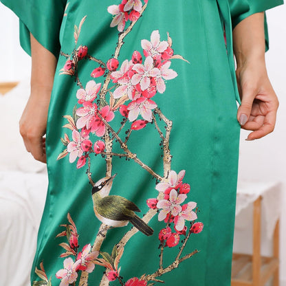 Cherry Blossom And Birds Print 100% Long Silk Kimono Robe