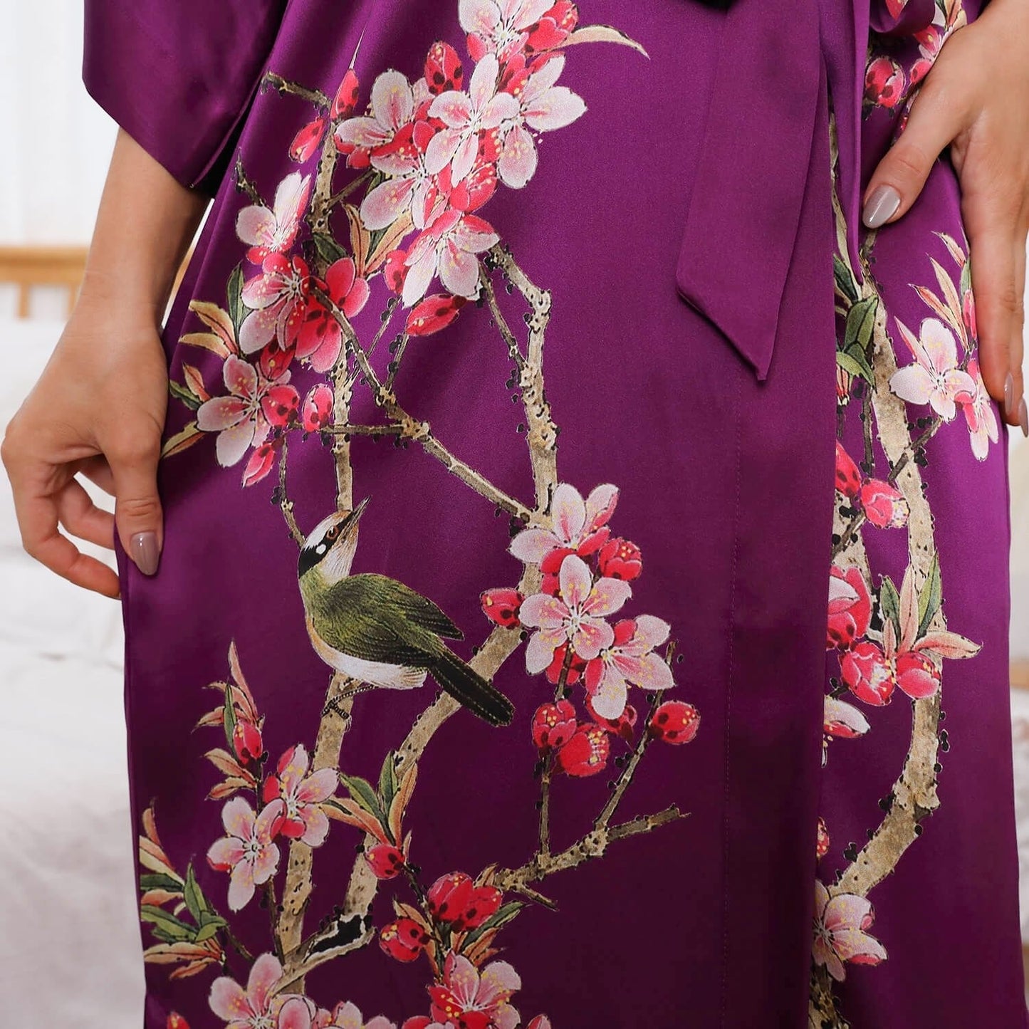 Cherry Blossom And Birds Print 100% Long Silk Kimono Robe