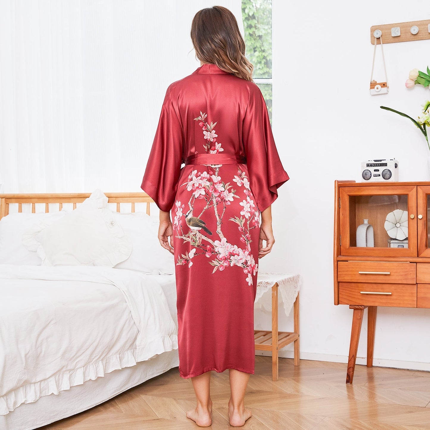 Cherry Blossom And Birds Print 100% Long Silk Kimono Robe