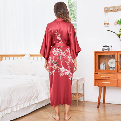 Cherry Blossom And Birds Print 100% Long Silk Kimono Robe