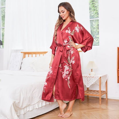 Cherry Blossom And Birds Print 100% Long Silk Kimono Robe