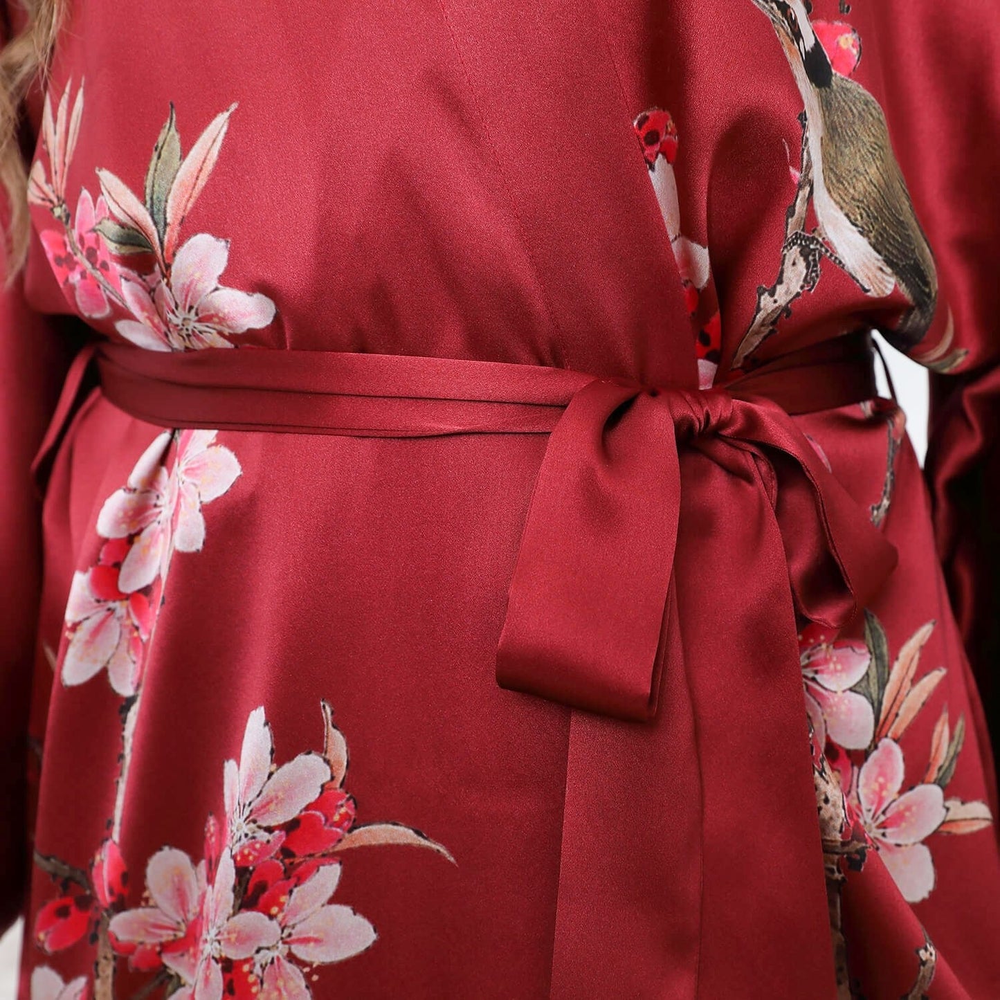 Cherry Blossom And Birds Print 100% Long Silk Kimono Robe