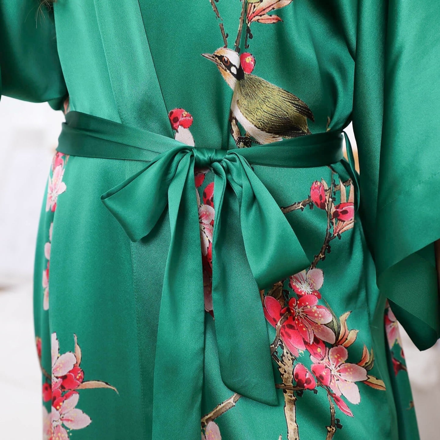 Cherry Blossom And Birds Print 100% Long Silk Kimono Robe