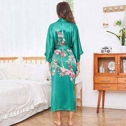 Cherry Blossom And Birds Print 100% Long Silk Kimono Robe