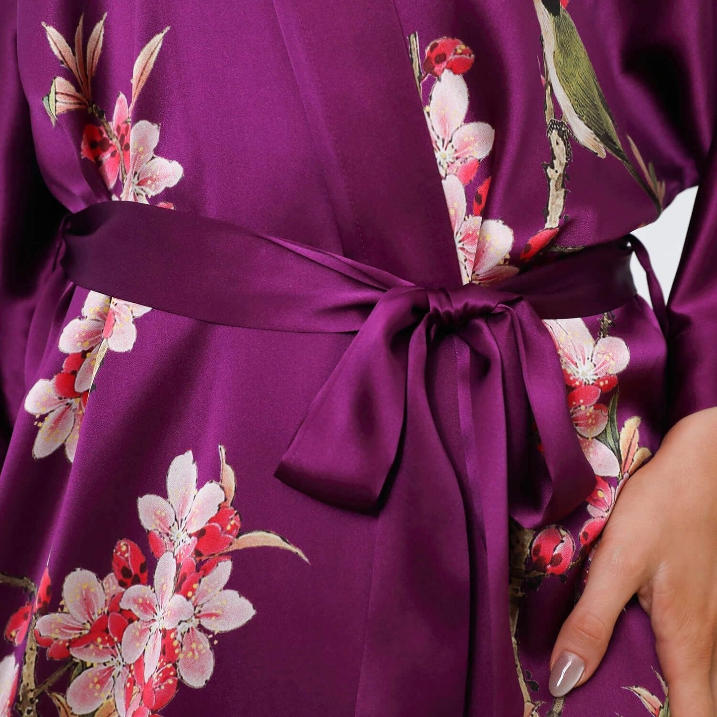 Cherry Blossom And Birds Print 100% Long Silk Kimono Robe