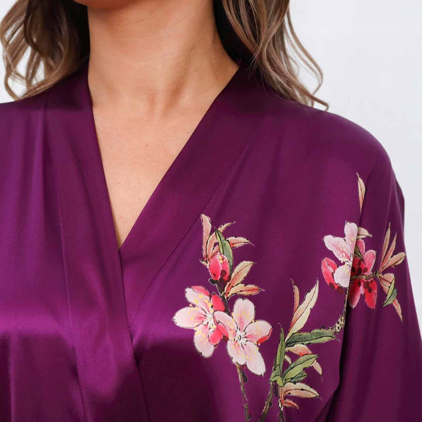 Cherry Blossom And Birds Print 100% Long Silk Kimono Robe