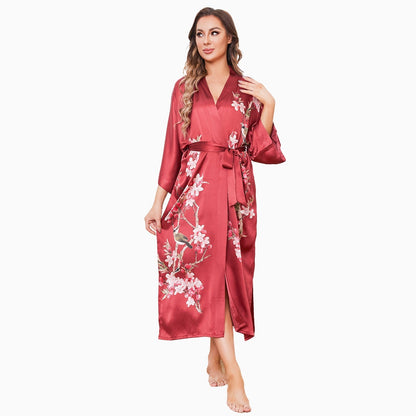 Cherry Blossom And Birds Print 100% Long Silk Kimono Robe