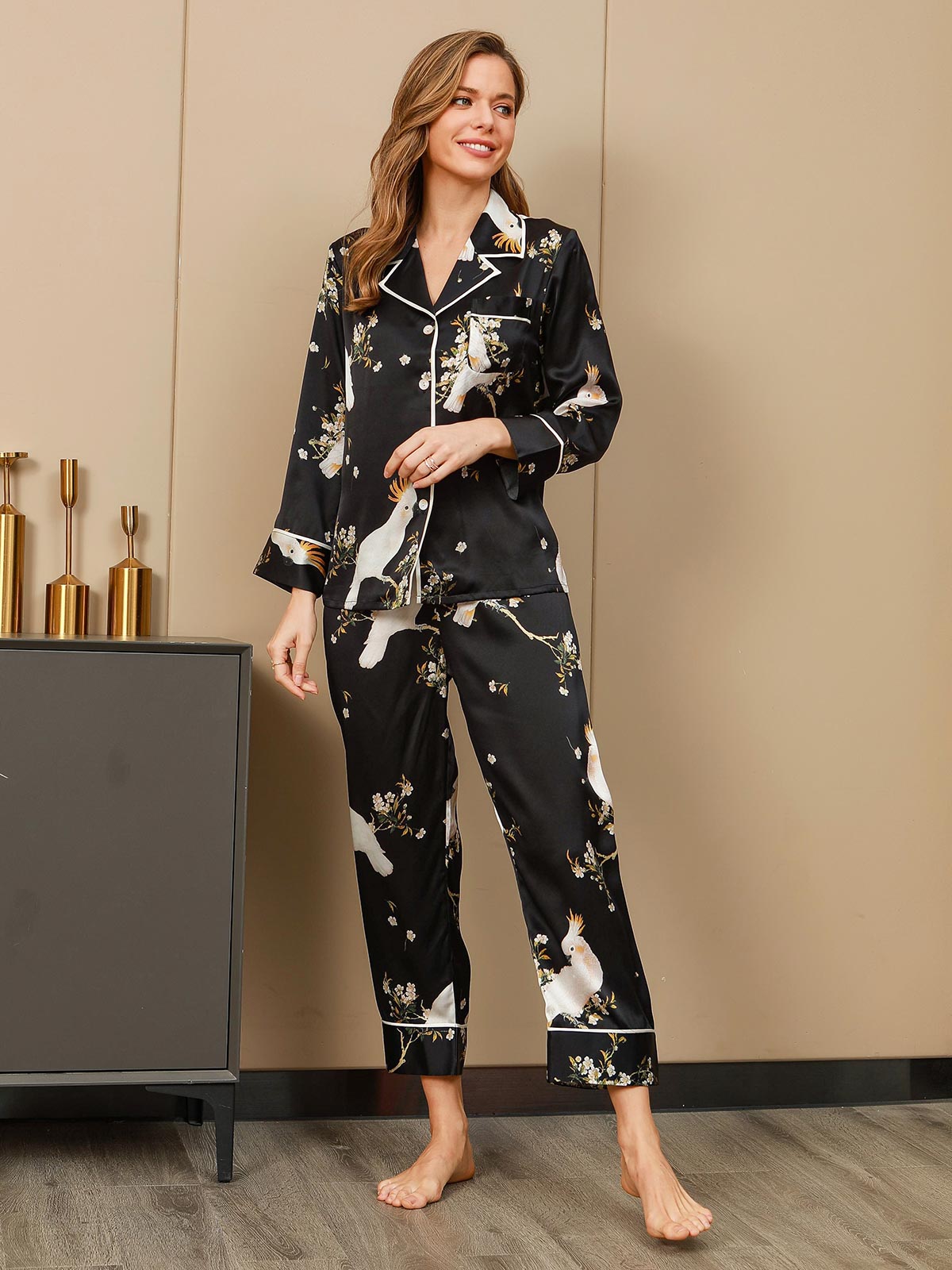 Plant Printed Pure Silk Pajamas Set 2Pcs