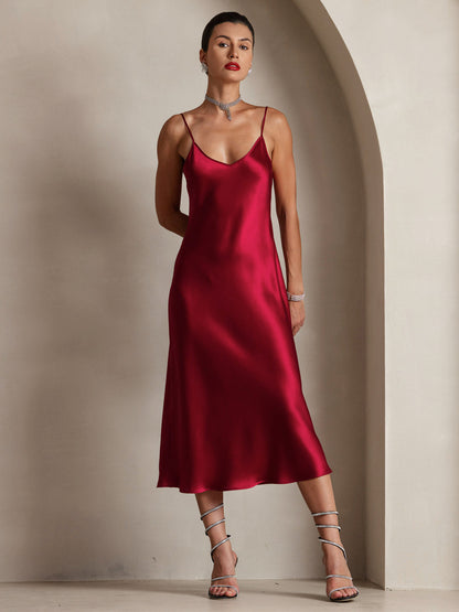 Pure Silk Solid Color Spaghetti Strap Long Dress