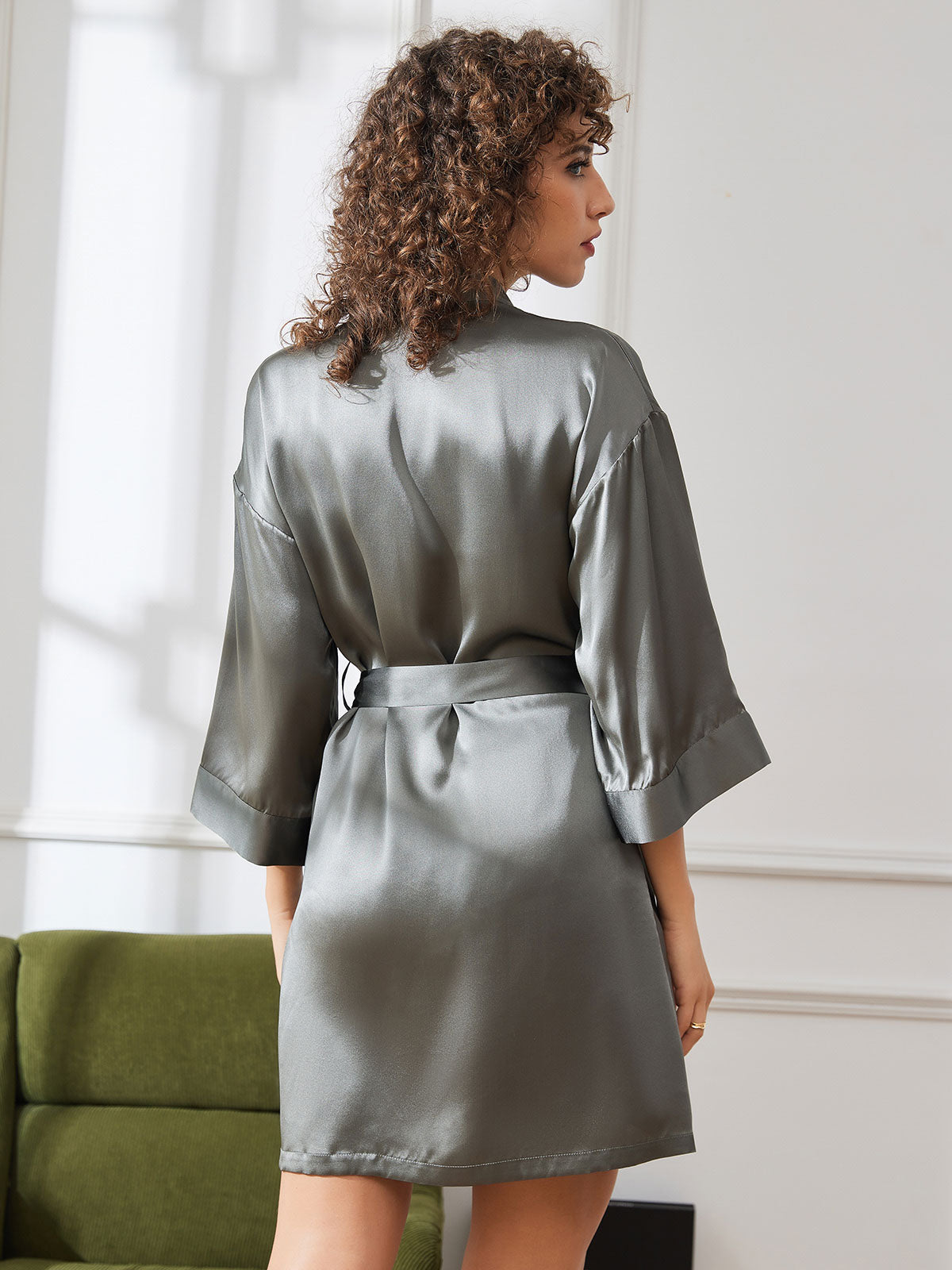 Glossy Pure Silk Short Robe For Women