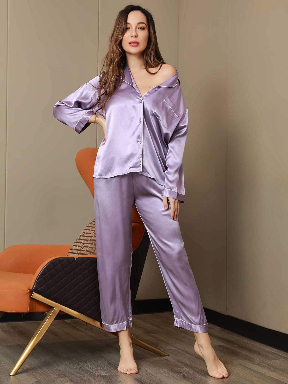 Pure Silk Binding Trim Classic Pajamas Set 2Pcs