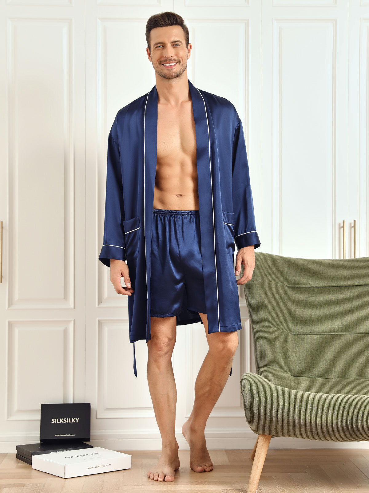 Pure Silk Belted Mens Robe + Shorts 2Pcs