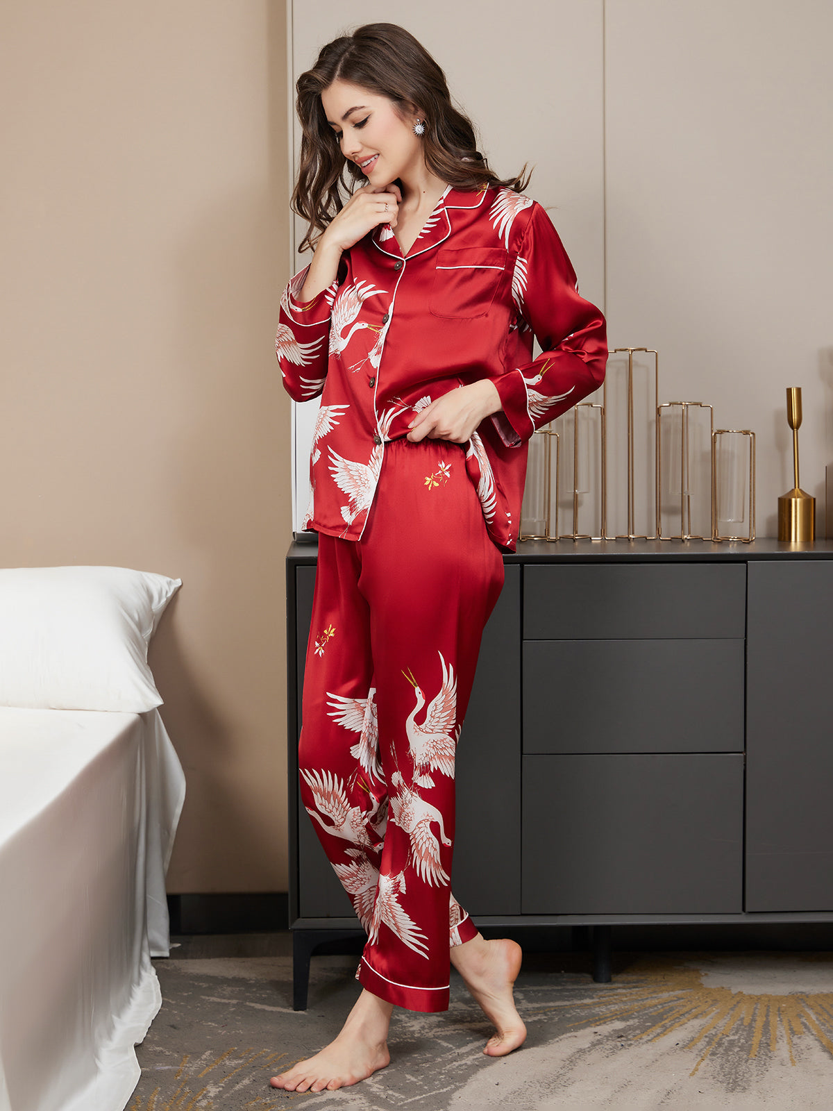 19Momme Pure Silk Printed Classic Binding Trim Womens Pajama set