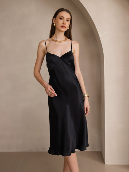 Silk Solid Color V-Neck Long Slip Dress