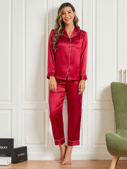 Binding Trim Long Sleeve Pure Silk Pajamas Set