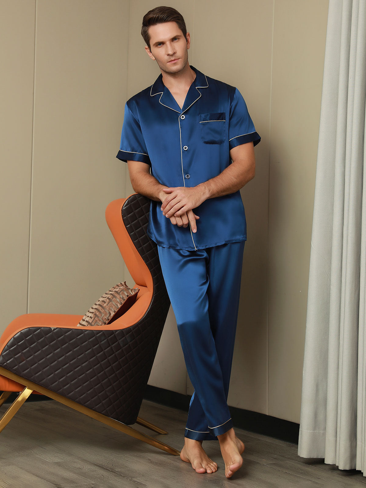 Piping Trim Men‘s Pure Silk Pajamas