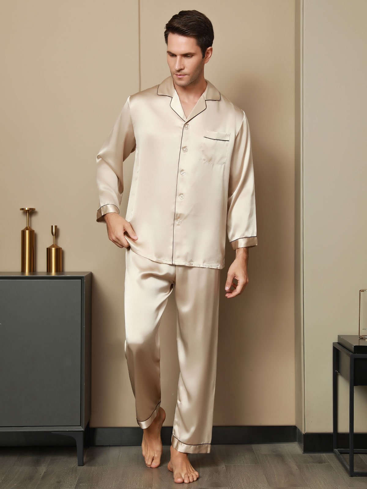 Pure Silk Men‘s Lapel Pajama Set 2Pcs