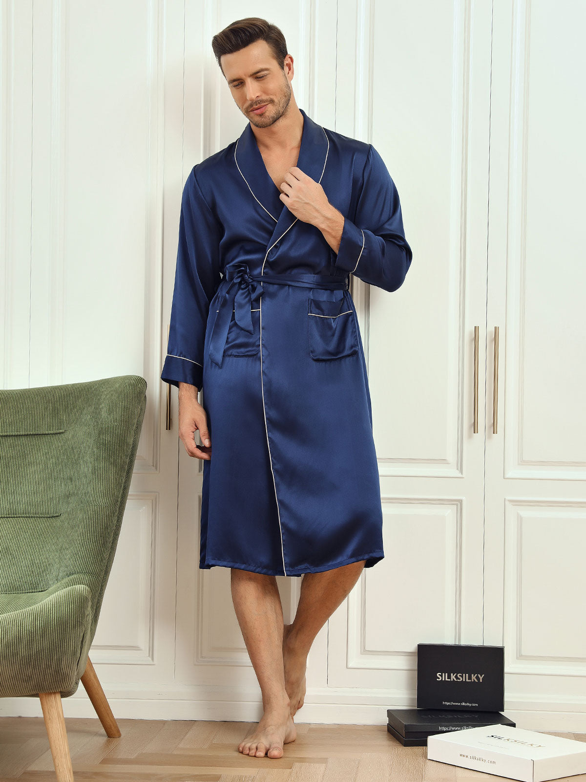 Pure Silk Piping Trim Belted Mens Robe