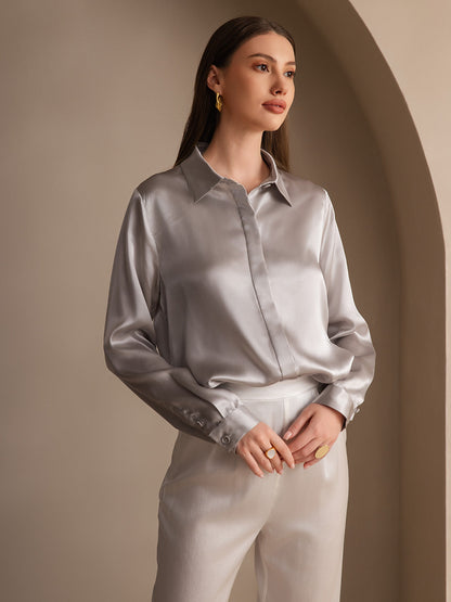 19 Momme Silk Solid Color Basic Long-Sleeved Shirt