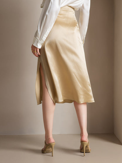 19Momme Silk Solid Color Elegant Split Hem Skirt