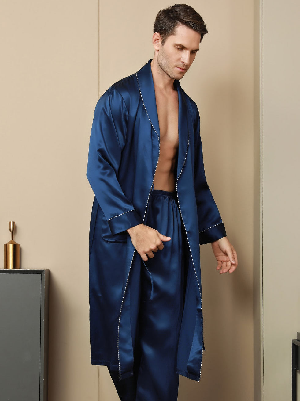 Pure Silk Contrast Piping Belted Robe (Without Pants)