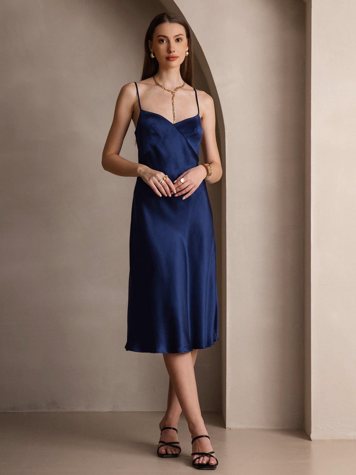 Silk Solid Color V-Neck Long Slip Dress