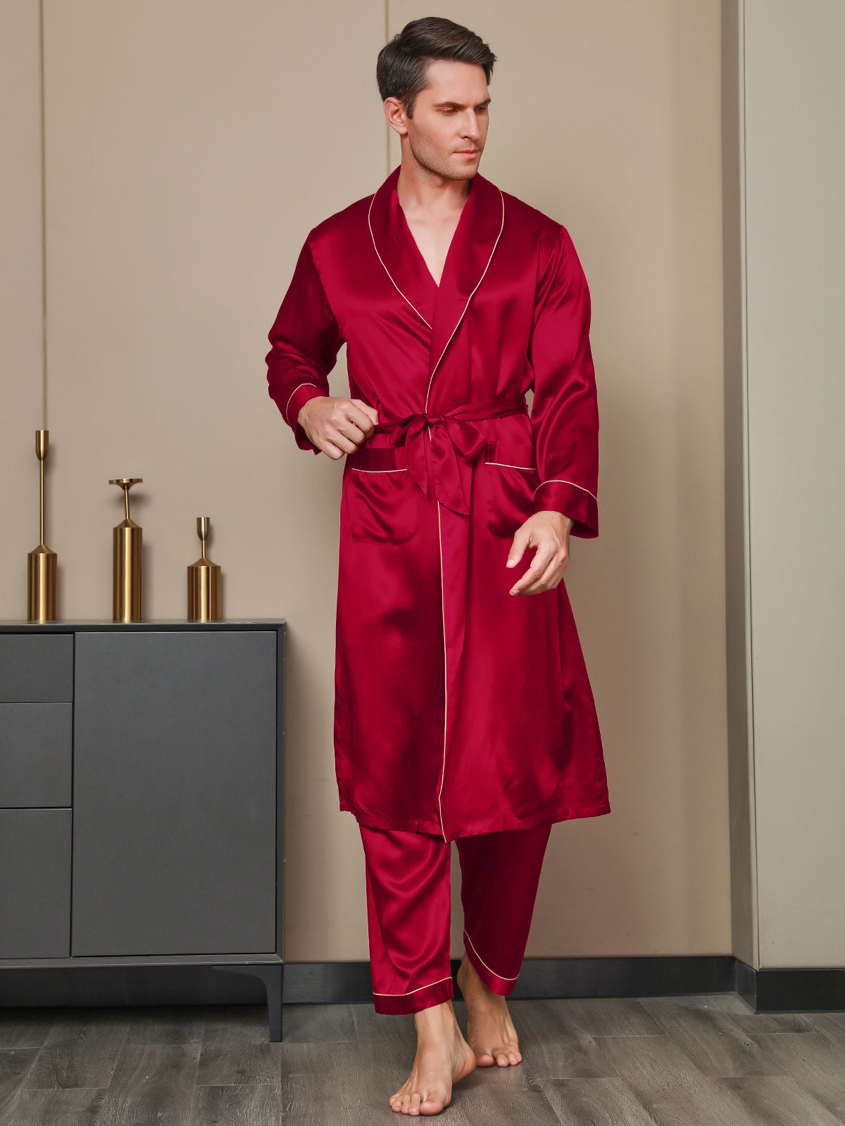 2Pcs Pure Silk Lapel Collar Belted Robe & Pants Set