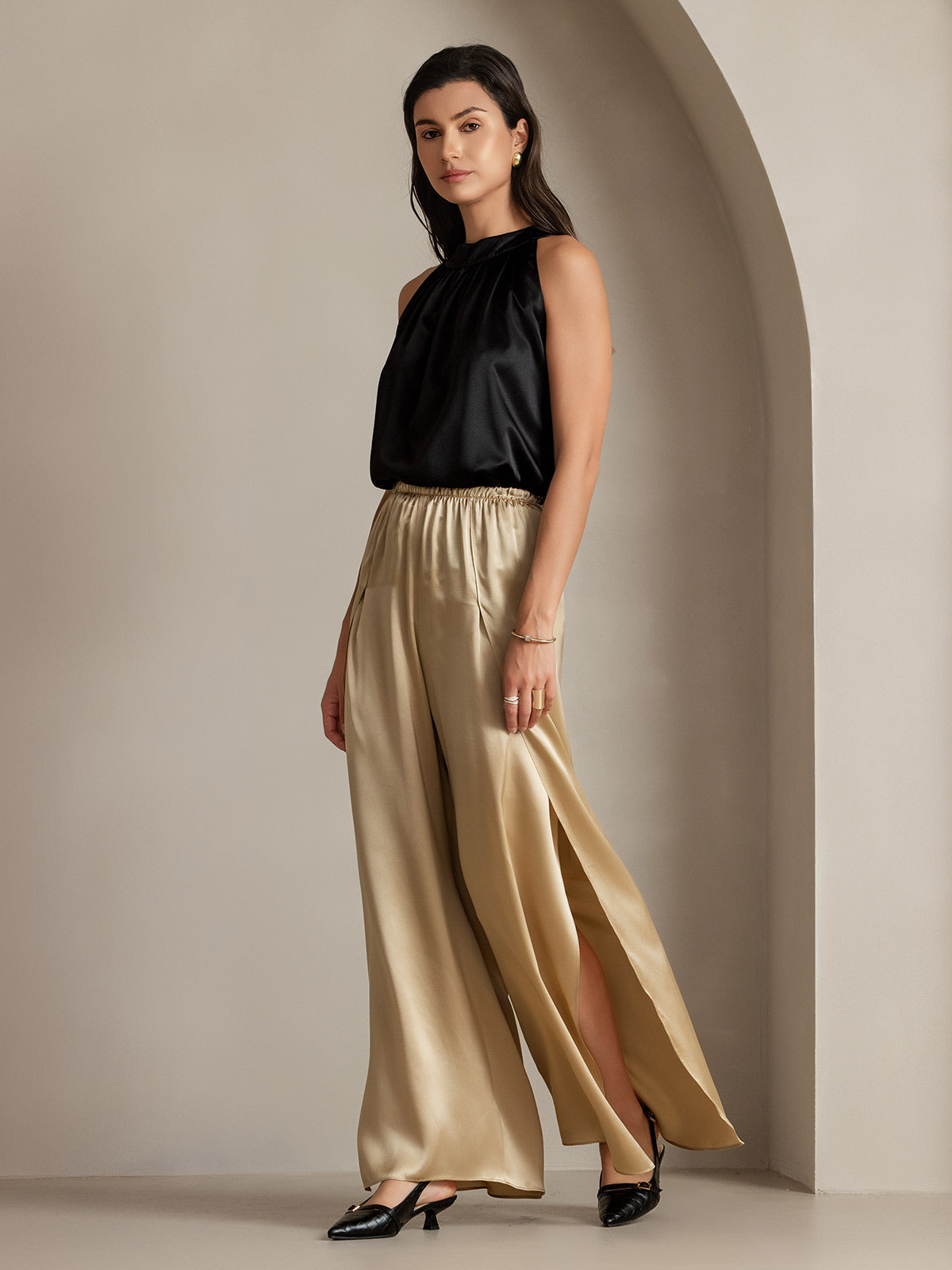 19Momme Silk Fashionable High-Slit Pants