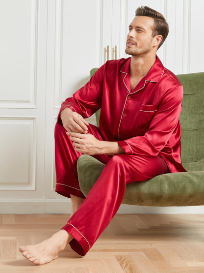 Silk Men's Lapel Long Sleeve Pajamas Set