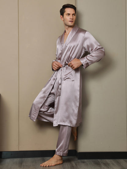 2Pcs Pure Silk Lapel Collar Belted Robe & Pants Set