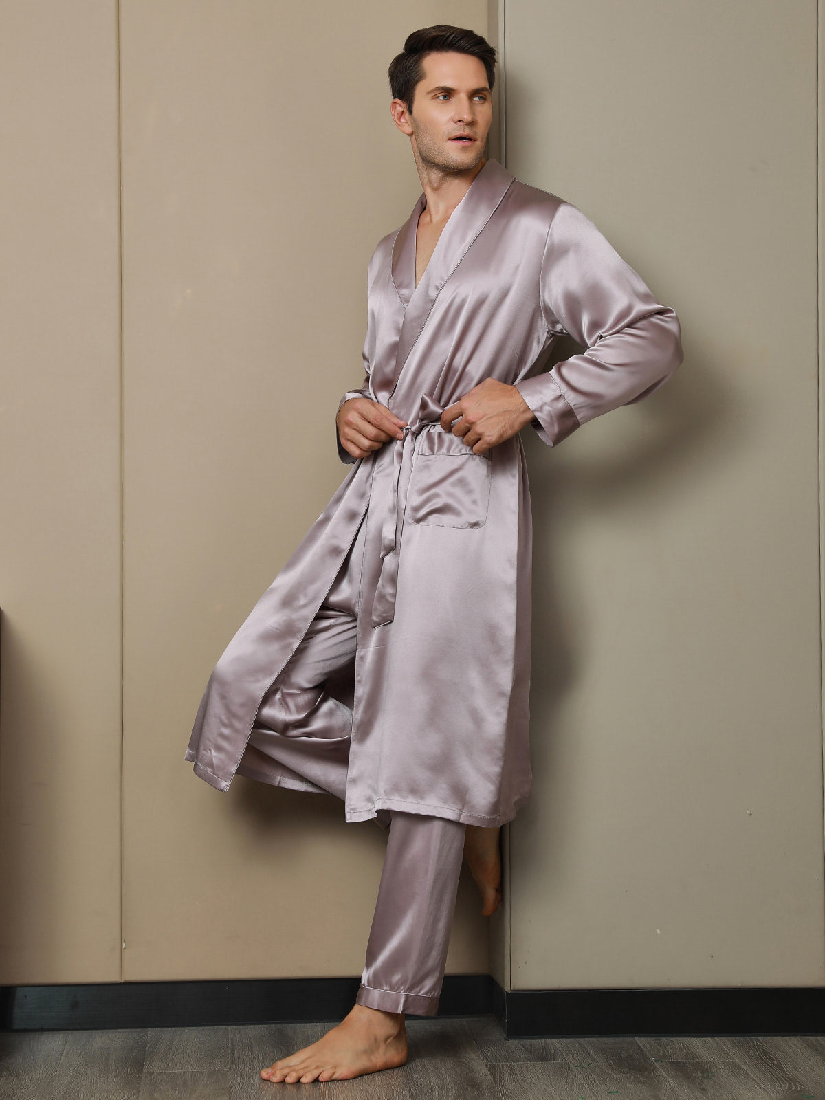 Pure Silk Lapel Collar Belted Robe (Without Pants)