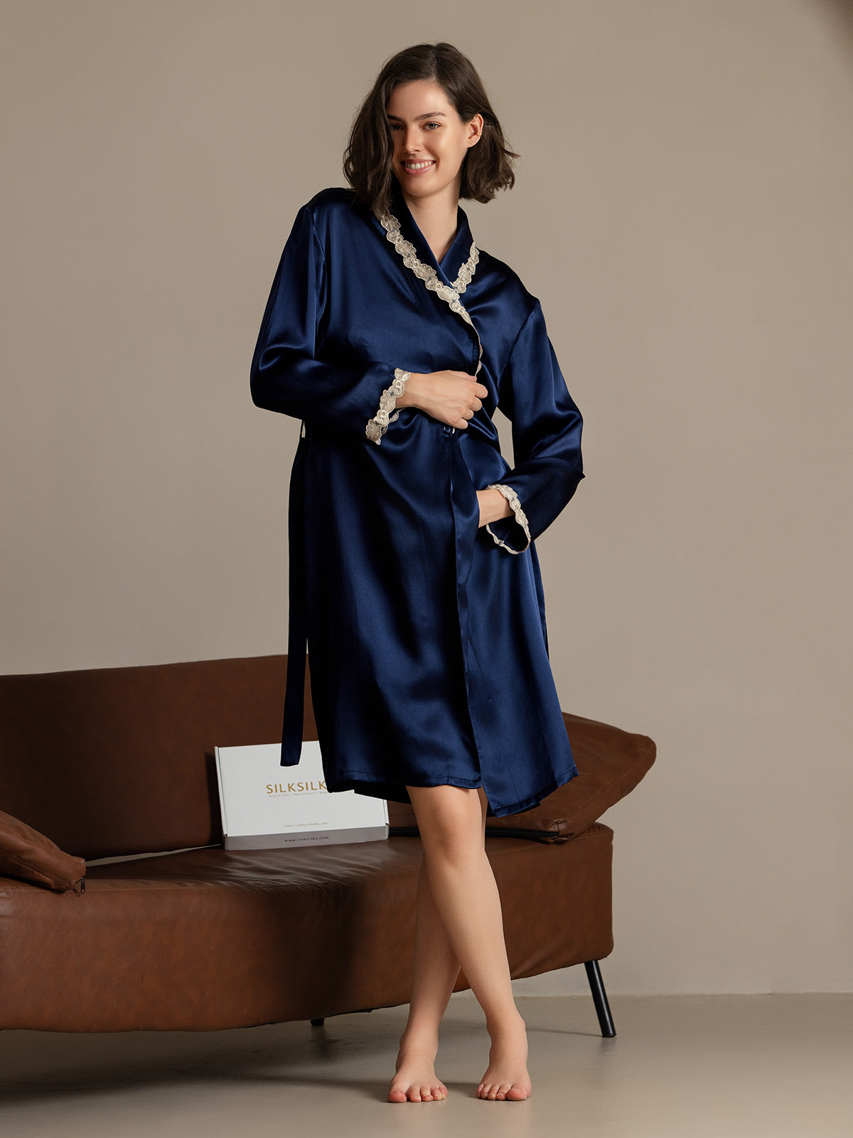 Women's Silk Flower Trim Long Sleeve Robe