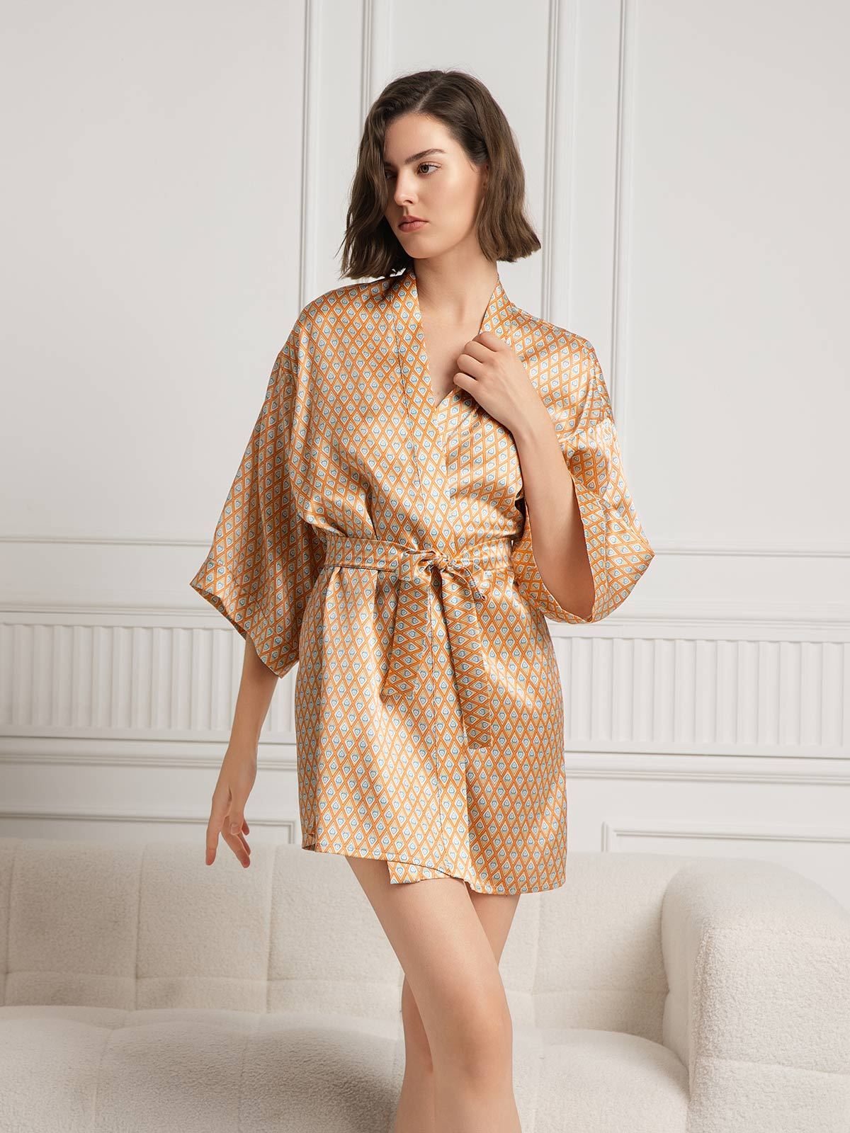 Pure Silk Printed 3/4 Sleeve Women's Robe (With belt)