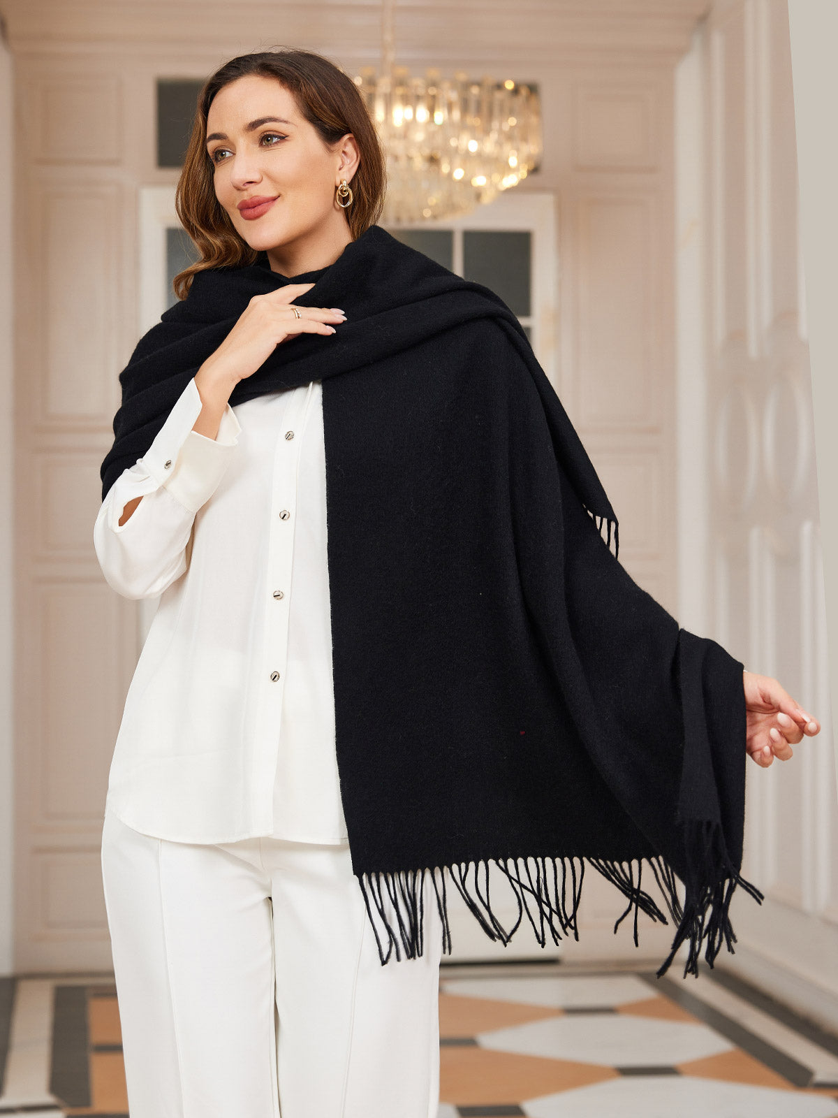 Pure Wool Scarf Shawl w/ Fringed Decoration 200x70cm/79