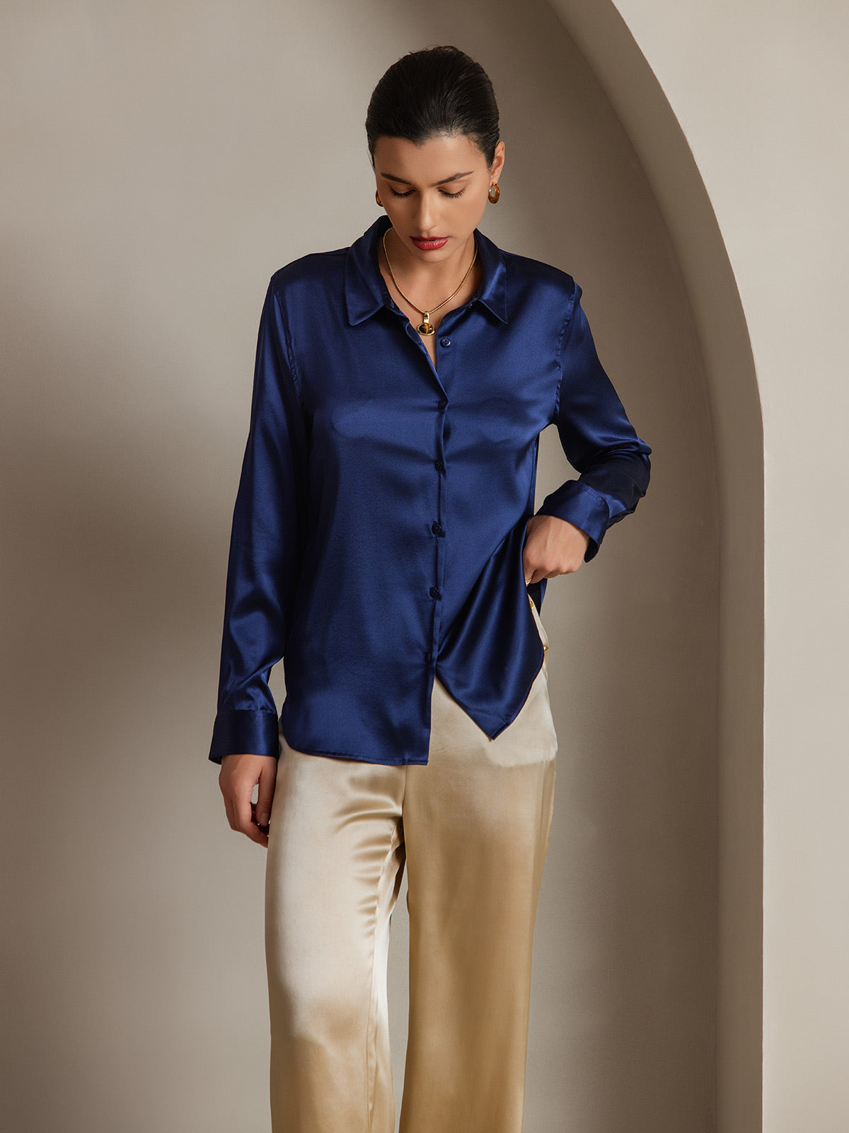 19Momme Silk Solid Color Basic Lapel Shirt