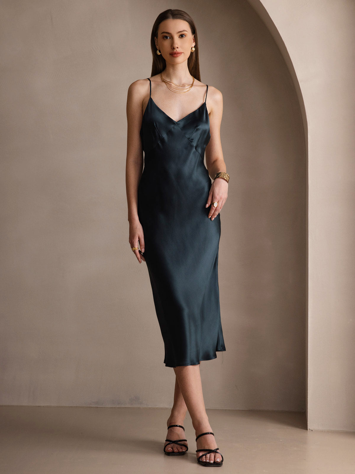 Silk Solid Color V-Neck Long Slip Dress