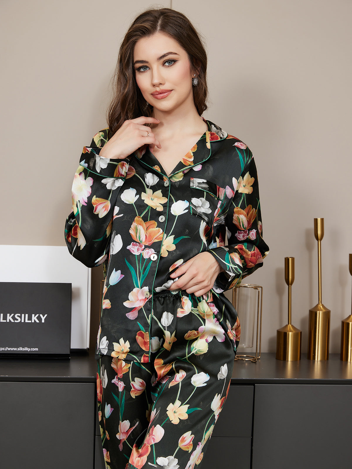 Pure Silk Floral Pattern Womens Pajama Set