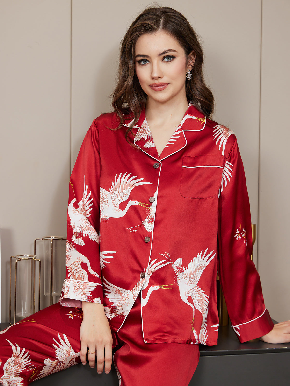 19Momme Pure Silk Printed Classic Binding Trim Womens Pajama set