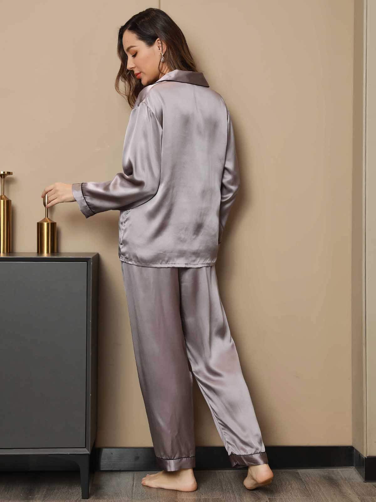 Pure Silk Binding Trim Classic Pajamas Set 2Pcs