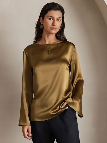 19Momme Silk Solid Color Casual Long-sleeved T-shirt