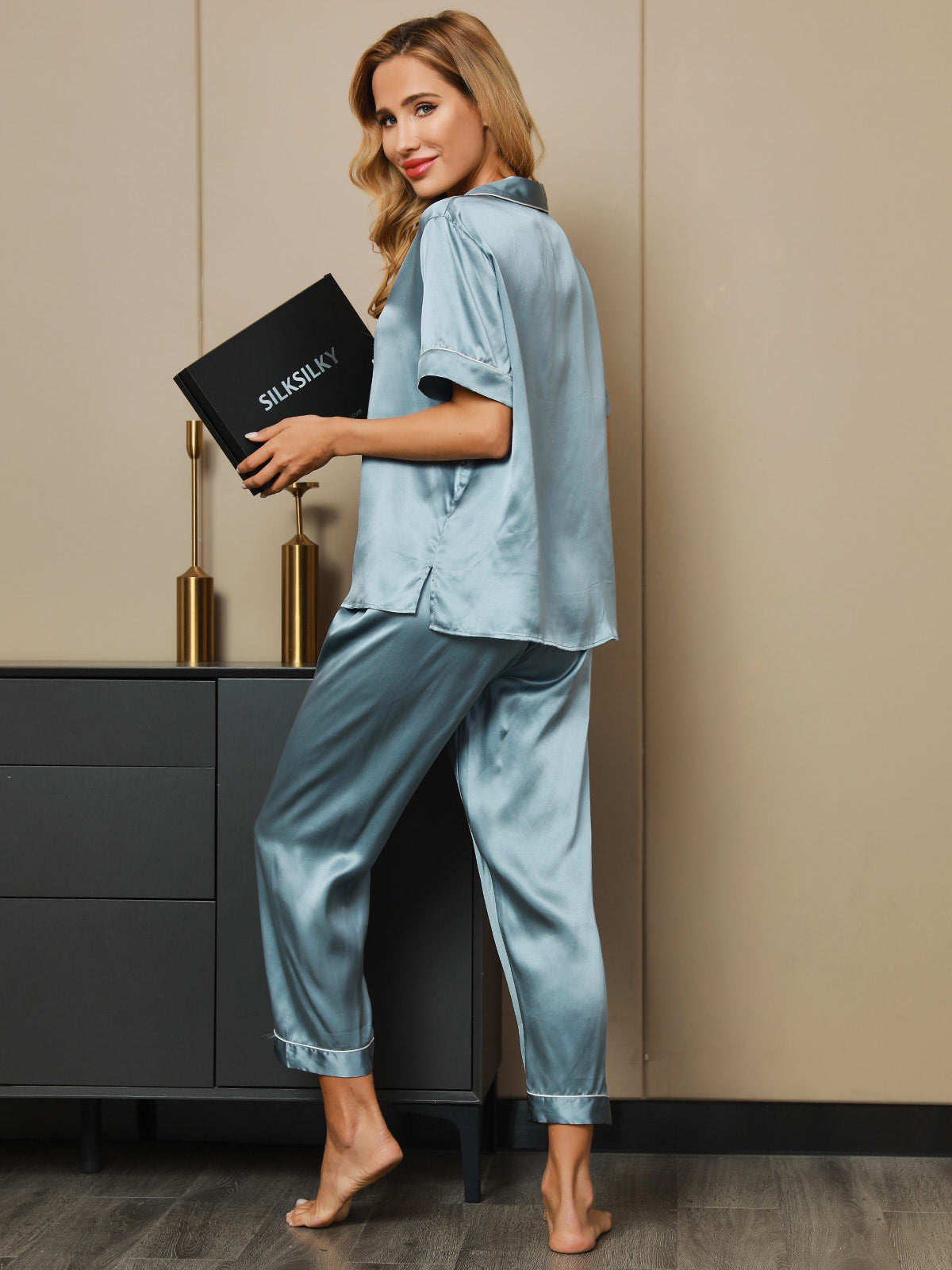 Pure Silk Binding Trim Pajamas Set