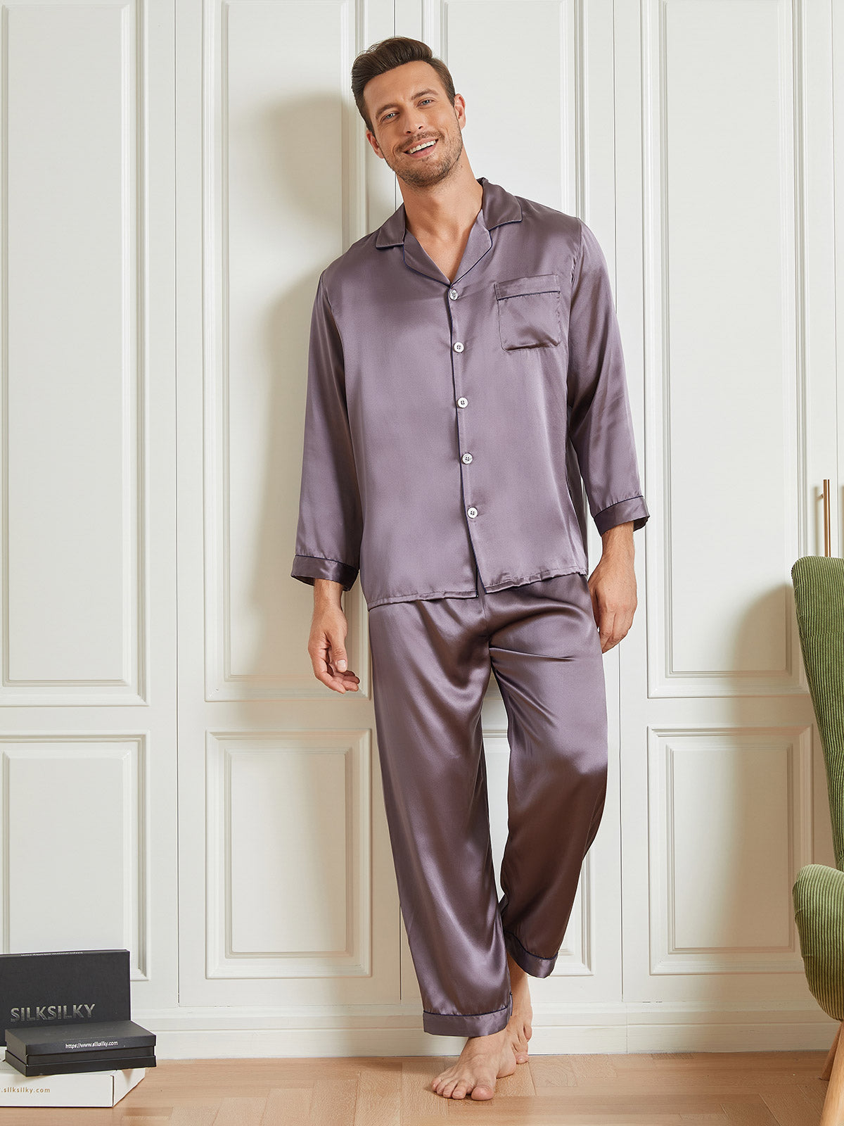 Luxurious Silk Men's Lapel Pajamas 2Pcs