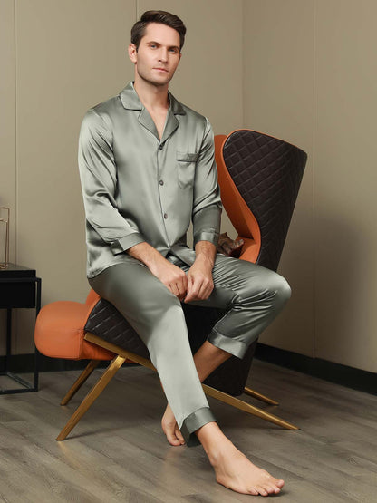 Pure Silk Men's Lapel Pajama Set 2Pcs