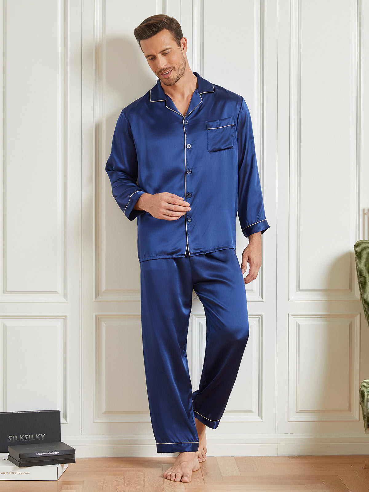 Silk Men's Lapel Long Sleeve Pajamas Set