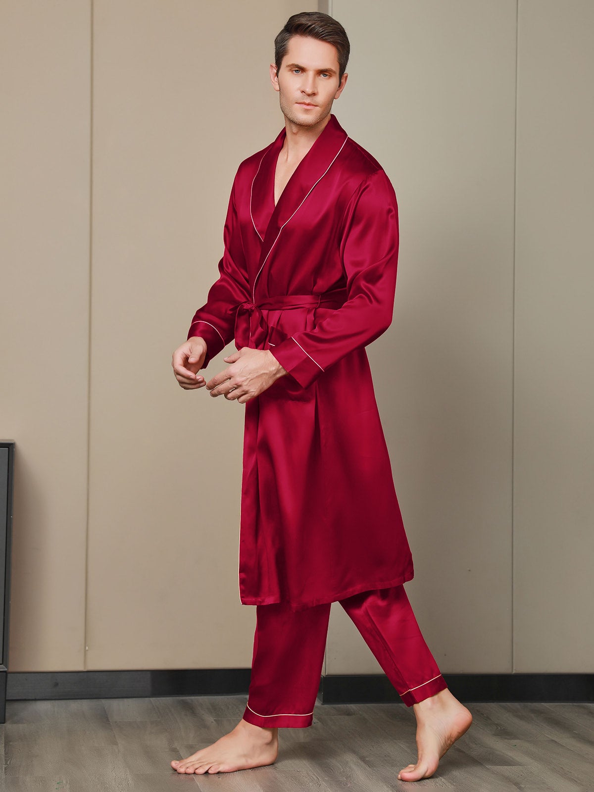 2Pcs Pure Silk Lapel Collar Belted Robe & Pants Set