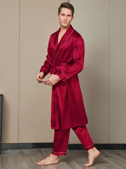 2Pcs Pure Silk Lapel Collar Belted Robe & Pants Set