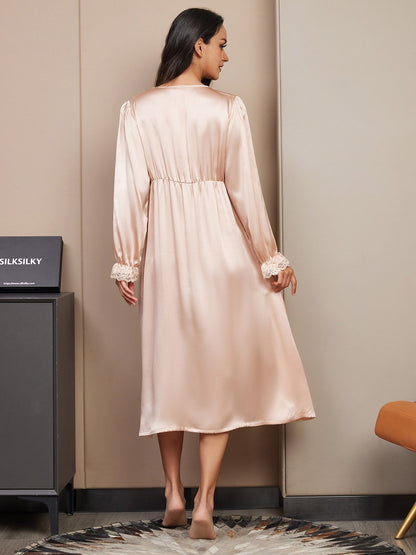 Pure Silk Long Sleeve Lace Nightgown