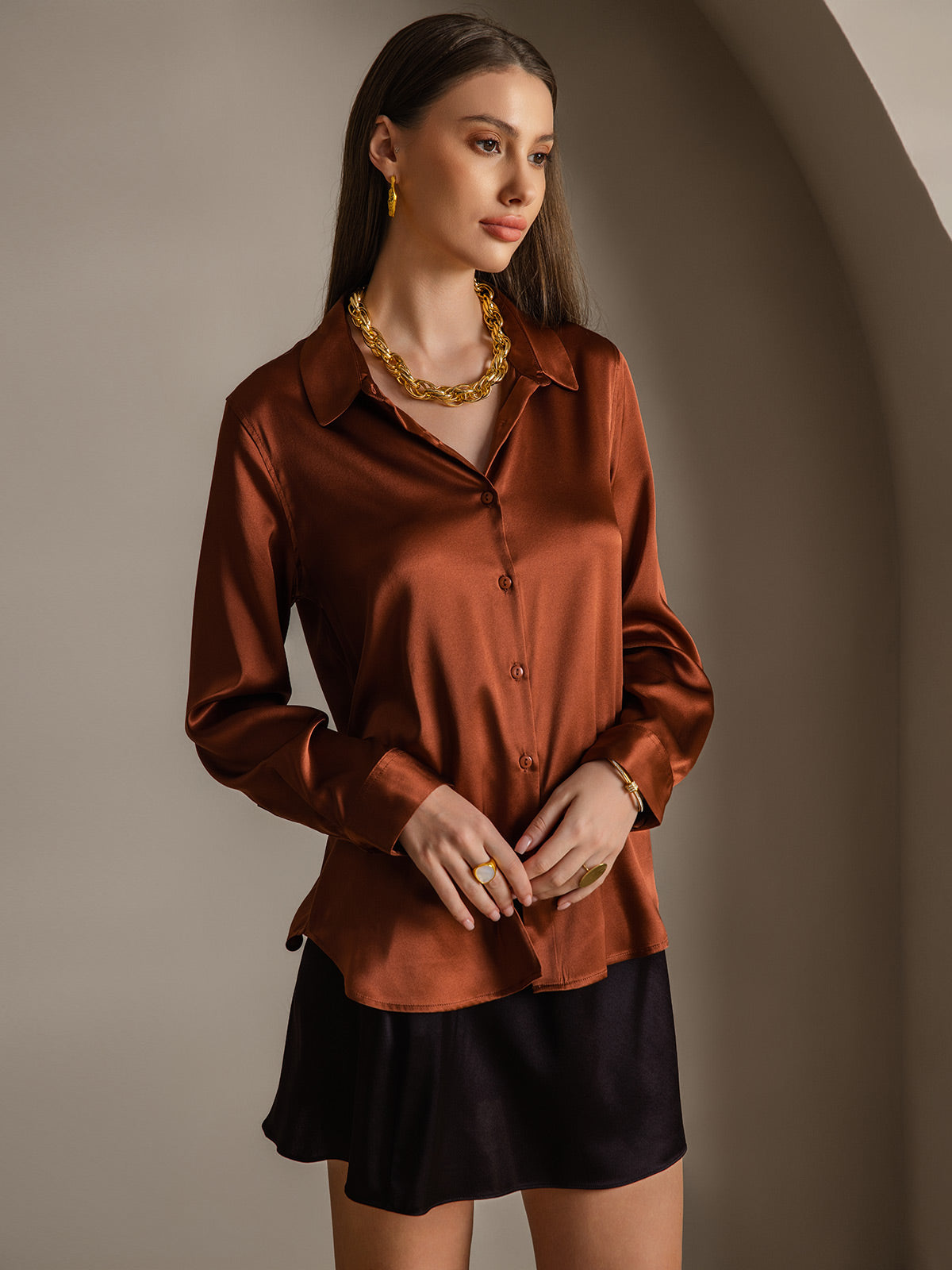 19Momme Silk Solid Color Basic Lapel Shirt