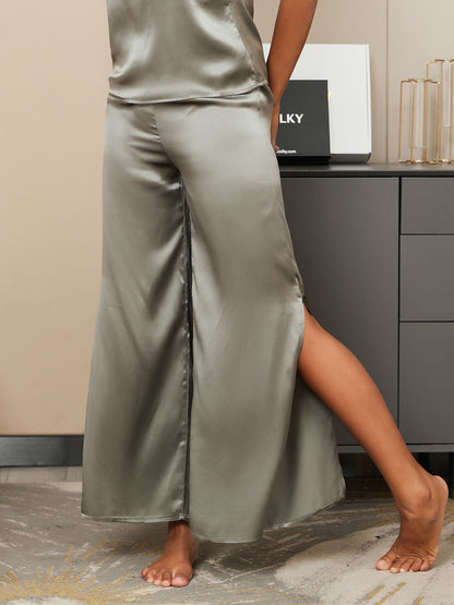 Pure Silk Solid Color Casual Split Hem Womens Pants